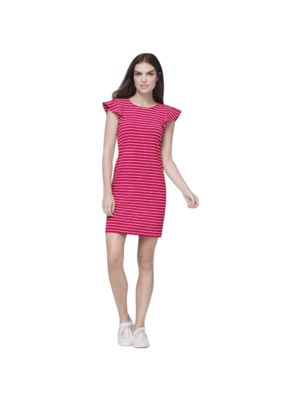 White House Black Market Women's Pink Flounce Sleeve Striped Shift Dress, Size M